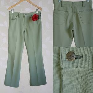 Vintage 70s High Rise Waffle Knit Flared Leg Comfy Trousers Lee Sage Green